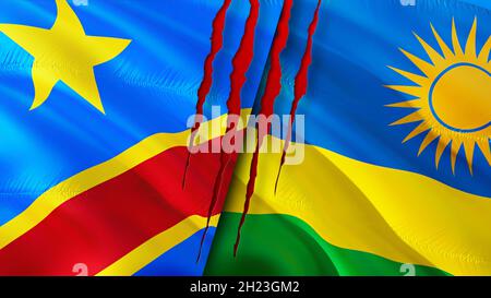 La Repubblica Democratica del Congo e il Ruanda bandiere con il concetto di cicatrice. Flag di ondulazione,rendering 3D. Il concetto di conflitto tra Ruanda e Repubblica Democratica del Congo. Congo Rwanda rapporto concetto. Bandiera o Foto Stock