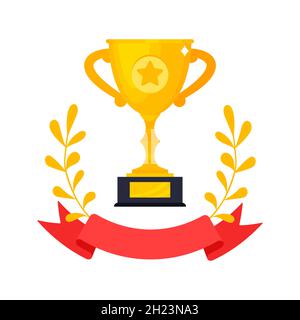 Golden Winner Award coppa calice trofeo, corona, stelle e nastro tazza icona segno piatto stile disegno vettore illustrazione. Illustrazione Vettoriale