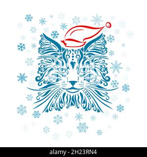 Modello testa Cat. Inverno gatto. Fiocchi di neve. Illustrazione vettoriale Illustrazione Vettoriale