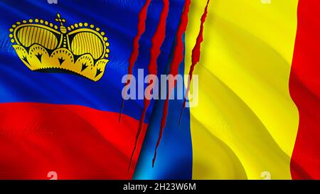 Bandiere del Liechtenstein e della Romania con il concetto di cicatrice. Flag di ondulazione,rendering 3D. Il concetto di conflitto tra Romania e Liechtenstein. Liechtenstein Romania relatio Foto Stock