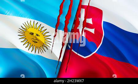Bandiere argentine e slovacche con il concetto di cicatrice. Rendering 3D con flag di ondulazione. Il concetto di conflitto tra Argentina e Slovacchia. Argentina Slovacchia relazioni concep Foto Stock