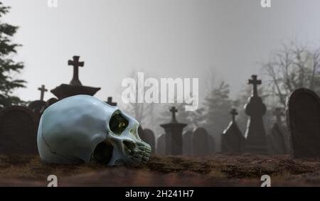 Cranio spaventoso in cimitero al mattino nebbia. Tombe intorno. Illustrazione con rendering 3D. Foto Stock