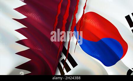 Bandiere del Qatar e della Corea del Sud con il concetto di cicatrice. Flag di ondulazione,rendering 3D. Corea del Sud e Qatar concetto di conflitto. Qatar Corea del Sud concetto di relazioni. Foto Stock