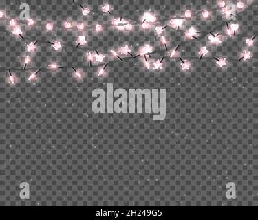 Set di colori realistici ghirlande, decorazioni festive. Luci di natale illuminanti isolate su sfondo trasparente. Illustrazione Vettoriale