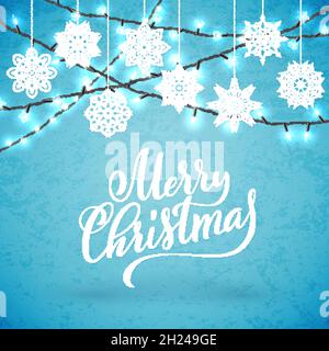 Merry Christmas party poster con disegnati a mano scritte. Modello di progettazione per Xmas Party. Illustrazione Vettoriale Illustrazione Vettoriale