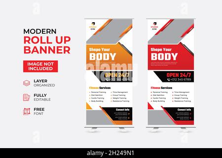 Modello di banner Rollup palestra fitness | Design banner Rollup per palestra, fitness club, assistenza sanitaria Illustrazione Vettoriale