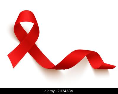 Nastro rosso realistico, simbolo del giorno dell'assistenza mondiale, 1 dicembre, illustrazione vettoriale. Giornata mondiale del cancro simbolo 4 febbraio. Illustrazione Vettoriale