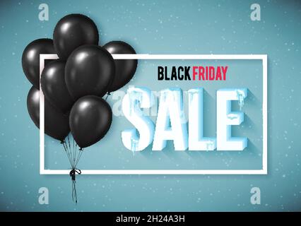Poster di vendita Black Friday con palloncini neri realistici. Illustrazione vettoriale. Illustrazione Vettoriale