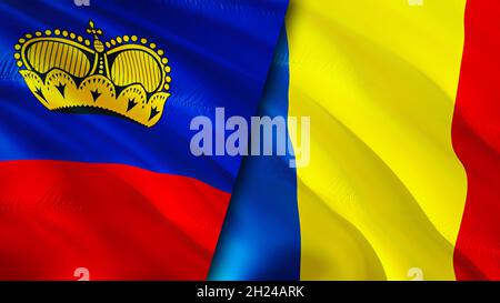 Bandiere del Liechtenstein e della Romania. Progettazione di bandiere ondulate 3D. Romania Liechtenstein bandiera, foto, carta da parati. Immagine Liechtenstein vs Romania, rendering 3D. L Foto Stock