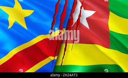 Bandiere del Congo e del Togo con il concetto di cicatrice. Flag di ondulazione,rendering 3D. Il concetto di conflitto tra il Togo e la Repubblica Democratica del Congo. Congo Togo Relations Concept. Bandiera della Repubblica Democratica del Congo Foto Stock
