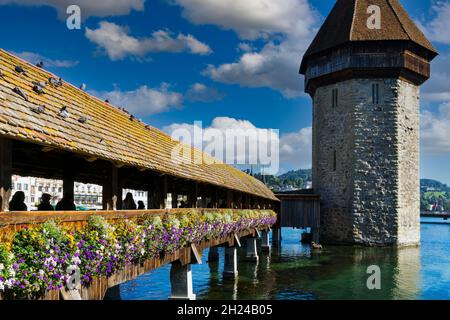 Vista sul Kapellbrücke, un ponte medievale del XIV secolo e torre nella città svizzera di Lucerna. È il più antico ponte medievale sopravvissuto d'Europa. Foto Stock