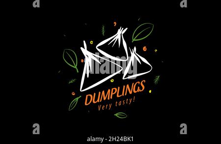 Logo vettoriale con gnocchi disegnati su sfondo nero Illustrazione Vettoriale