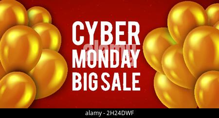 Modello poster per la vendita del Cyber monday con palloncini d'oro realistici. Illustrazione vettoriale. Illustrazione Vettoriale