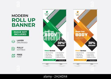 Modello di banner Rollup palestra fitness | Design banner Rollup per palestra, fitness club, assistenza sanitaria Illustrazione Vettoriale