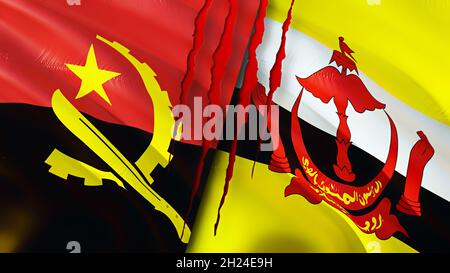 Bandiere angolane e Brunei con concetto di cicatrice. Rendering 3D con flag di ondulazione. Angola e Brunei concetto di conflitto. Angola Brunei relazioni concetto. Bandiera di Ango Foto Stock
