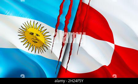 Bandiere argentine e groenlandesi con concetto di cicatrice. Rendering 3D con flag di ondulazione. Il concetto di conflitto tra l'Argentina e la Groenlandia. Argentina Groenlandia relazioni con Foto Stock