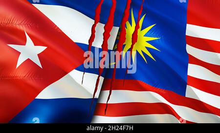 Bandiere di Cuba e Malesia con concetto di cicatrice. Rendering 3D con flag di ondulazione. Concetto di conflitto tra Cuba e Malesia. Cuba Malaysia concetto di relazioni. Bandiera di Cuba Foto Stock