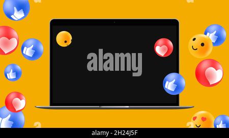 Mockup per i social media o presentazioni con emoticon e notebook. Illustrazione vettoriale Illustrazione Vettoriale