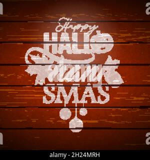 Hallothanksmas felice - Halloween Thanksgiving Natale Design con zucca, foglie e palla di Natale su legno vintage sfondo. Progettazione vettoriale Illustrazione Vettoriale