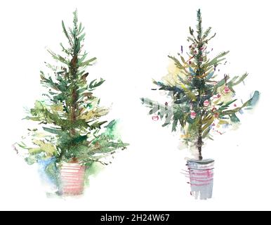 Albero di natale decorato Capodanno acquerello illustrazione acqua colore disegno. Foto Stock