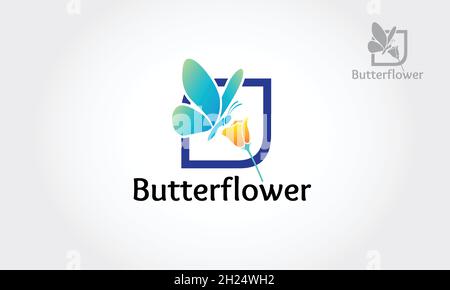 Modello con logo Flower Butterfly. Si tratta di un bellissimo logo, sintesi tra farfalla e fiore. Si cerca di simboleggiare qualche cosa di bellezza. Illustrazione Vettoriale