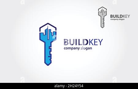 Creazione di un modello di logo vettoriale chiave. Un moderno logo casa con chiavi per il settore immobiliare e servizi correlati. È realizzato con forme semplici. Illustrazione Vettoriale