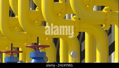 Industria petrolifera e del gas pipeline di processo, industria petrolifera, costruzione di pipeline, pressione di processo fluirà in pipeline fino al funzionamento centrale, 3d Foto Stock