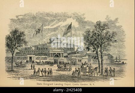 State Emigrant Landing Depot Castle Garden N.Y. dalla Bacon's Guide all'America e alle colonie, per il capitalista, il turista, o emigrante. Abbracciare il clima, il suolo, l'agricoltura, i produttori, i prezzi delle terre e come proteggerli, le leggi di Homestead, la naturalizzazione, i salari, il costo del viaggio, le tariffe ferroviarie e le distanze, e Una massa di altre informazioni generali. Di George Washington Bacon pubblicato a Londra da G.W. Pancetta nel 1870 Foto Stock