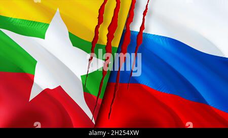 Bandiere di Myanmar e Russia con il concetto di cicatrice. Flag di ondulazione,rendering 3D. Il concetto di conflitto tra Russia e Myanmar. Myanmar Russia relazioni concetto. Bandiera di M. Foto Stock