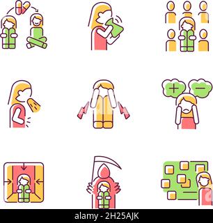 Fobie e i suoi sintomi icone di colore RGB impostate Illustrazione Vettoriale