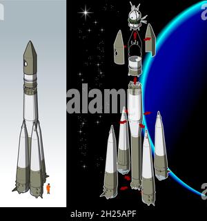 Razzo spaziale ad alta dettaglio con la prima navicella spaziale disponibile formato vettoriale EPS-10 separato da gruppi per una facile modifica Illustrazione Vettoriale