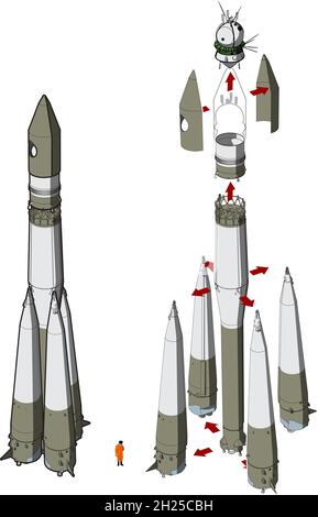 Razzo spaziale ad alta dettaglio con la prima navicella spaziale disponibile formato vettoriale EPS-10 separato da gruppi per una facile modifica Illustrazione Vettoriale