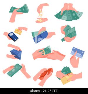 Set di denaro, carta di credito e portafoglio a mano Illustrazione Vettoriale