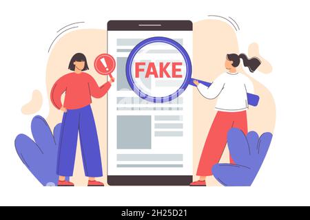 Ragazza piatta con lente d'ingrandimento scansione e controllare le notizie sullo smartphone. Diffondere il falso concetto di notizie. Hoax su Internet e social media. Diffusione di informazioni non veritimate. Illustrazione Vettoriale