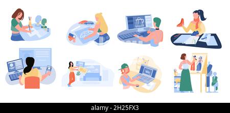 Freelancer creativo designer ragazza lavorando isolato set Illustrazione Vettoriale