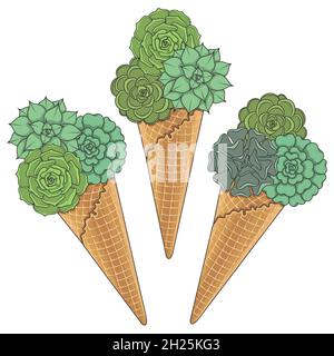 Set di illustrazioni a colori di gelato da succulenti. Oggetti vettoriali isolati su sfondo bianco. Illustrazione Vettoriale