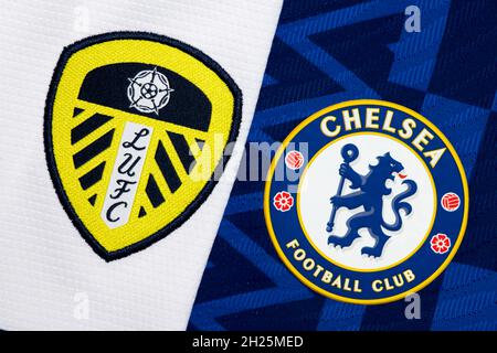 Primo piano della Leeds United & Chelsea club crest. Foto Stock