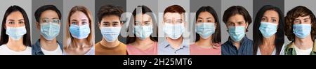 Interrompere il coronavirus. Folla di persone multietniche utilizzando maschere sterili monouso su sfondi grigi Foto Stock