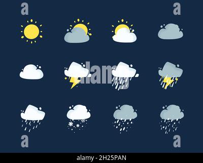 Varie icone meteo impostate su sfondo blu scuro. Collezione per animazione, disegno e stampa di app, vettore modificabile. Illustrazione Vettoriale