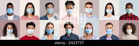 Collage di persone multietniche che indossano maschere di sicurezza, adottando misure preventive contro il coronavirus su sfondi colorati Foto Stock