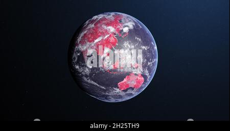 Immagine del pianeta terra che gira intorno e cambia colore in uno sfondo blu scuro Foto Stock