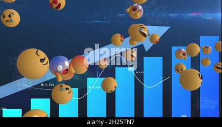 Immagine delle icone emoji fluttuanti in linea con l'elaborazione dei dati finanziari e freccia blu crescente Foto Stock