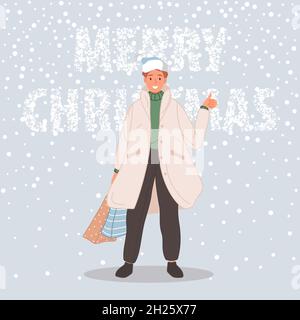 Uomo felice con la paquette di Natale. Uomo indossando in santa Hat sullo sfondo della neve buon Natale concetto. Illustrazione vettoriale Illustrazione Vettoriale