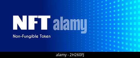 Banner vettoriale NFT. Astratto sfondo lungo per la tecnologia dei token non fungibili. Arte digitale Illustrazione Vettoriale