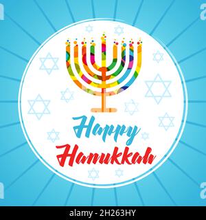 Happy Hanukkah sameah congrats. Modello grafico astratto isolato. Elementi religiosi tradizionali chanukah, Happy Hanuka testo colorato. Blu b Illustrazione Vettoriale