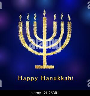 Happy Hanukkah sameah congrats. Modello grafico astratto isolato. Elementi religiosi tradizionali chanukah, felice Hanuka testo d'oro. Notte bl Illustrazione Vettoriale