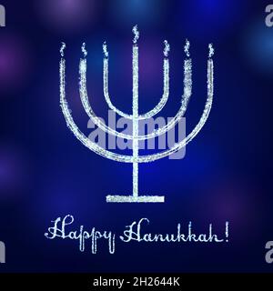 Happy Hanukkah sameah congrats. Modello grafico astratto isolato. Elementi religiosi tradizionali chanukah, felice Hanuka argento testo. Notte bl Illustrazione Vettoriale