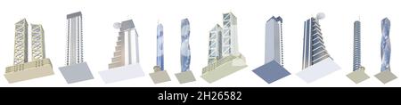 Set di alti edifici commerciali di alto dettaglio con design immaginario e riflessi nuvolosi del cielo - illustrazione isolata, vista bassa 3d dei grattacieli Foto Stock