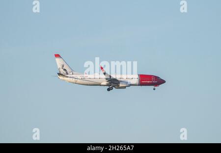 Compagnia aerea norvegese, aereo che atterra in Spagna. Foto Stock