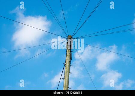 Un palo della linea telefonica contro un cielo blu con cavi che irradiano come raggi di ruota Foto Stock